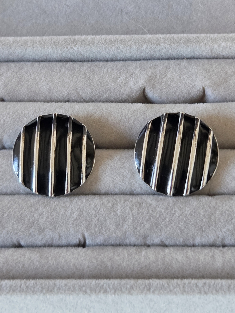 Vintage 80s Black Enamel & Silver Striped Round Button Stud Earrings